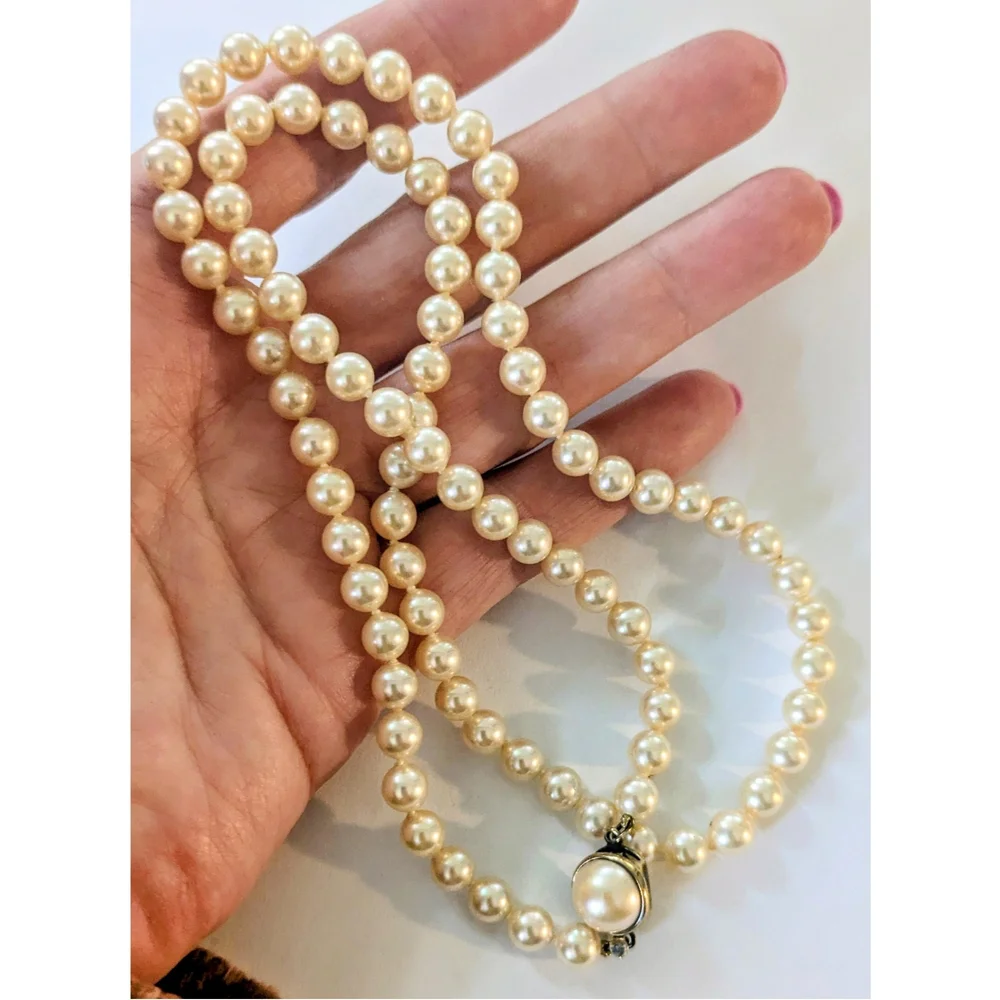 Vintage Gold Over Sterling Silver Knotted Glass Pearl Necklace w Box Clasp 24